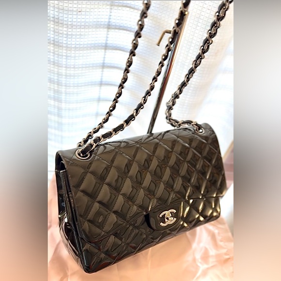 EUC Chanel JUMBO Double Flap Striated Green Quilted Patent Leather Shoulder Bag - Picture 12 of 16